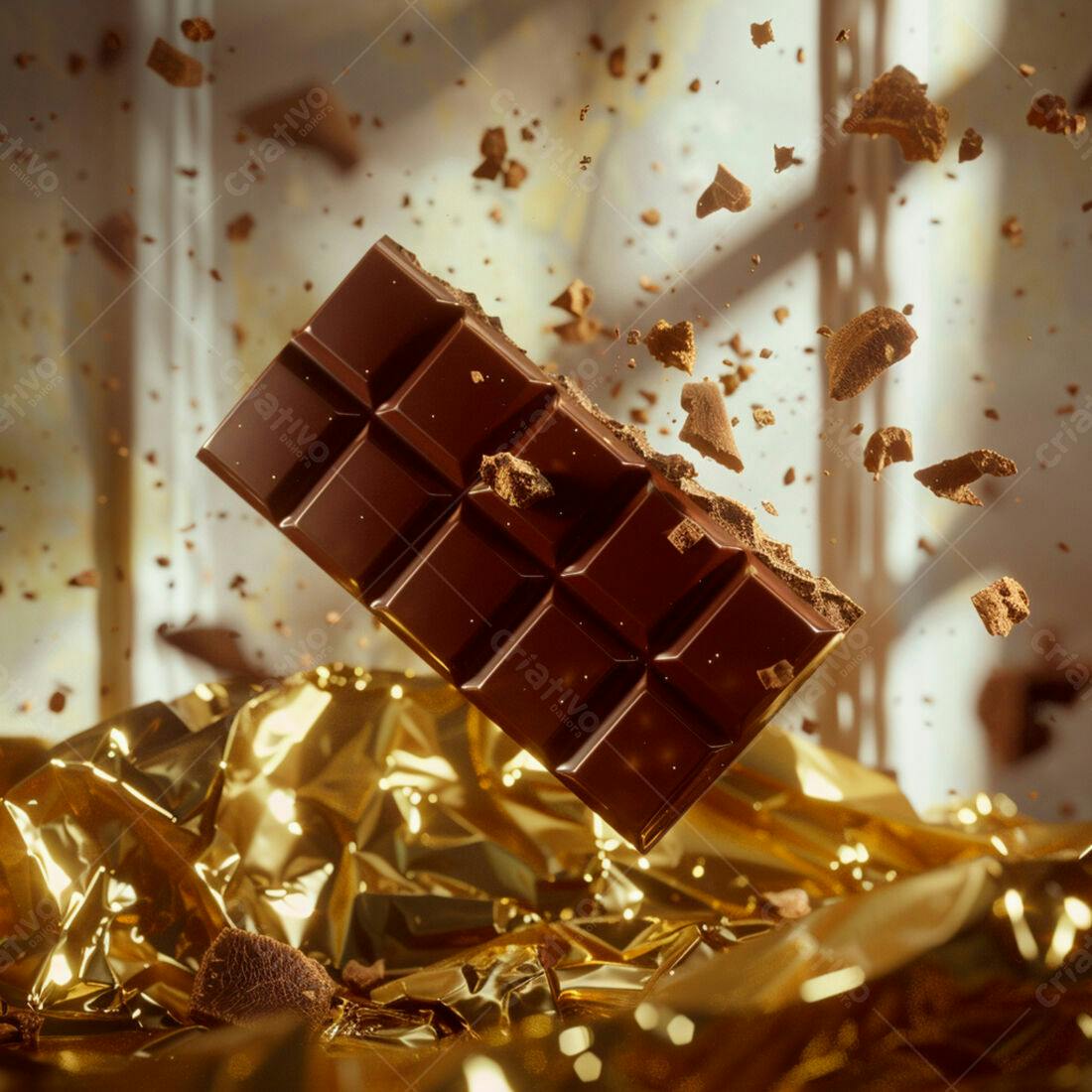 Barra de chocolate caindo sobre papel dourado