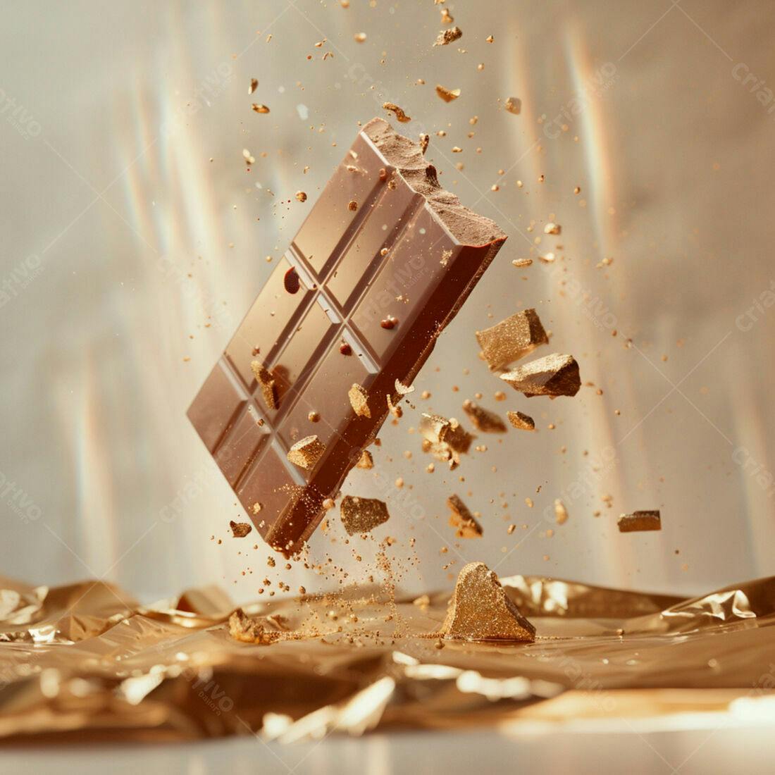 Barra de chocolate caindo sobre papel dourado