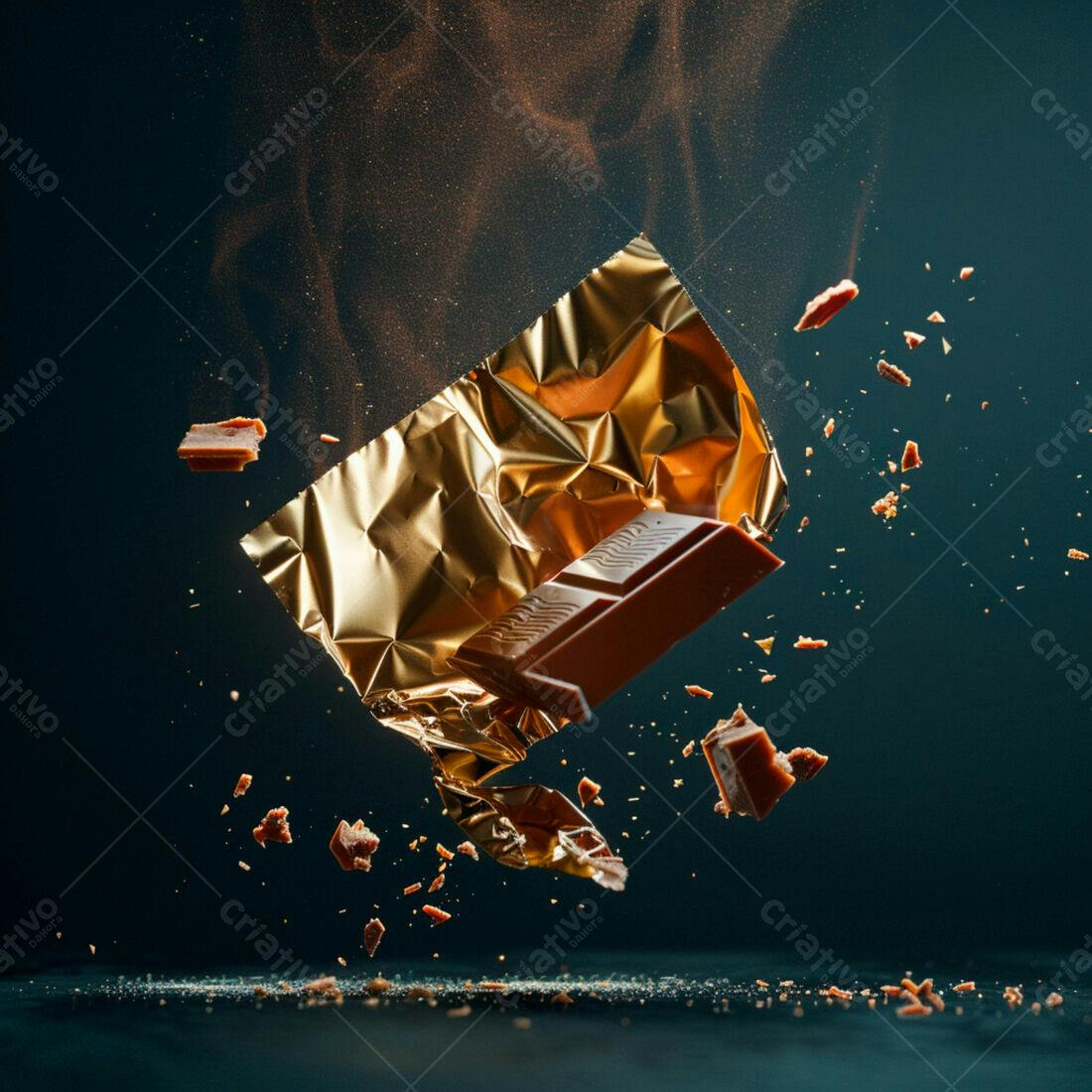Barra de chocolate quebrando no ar