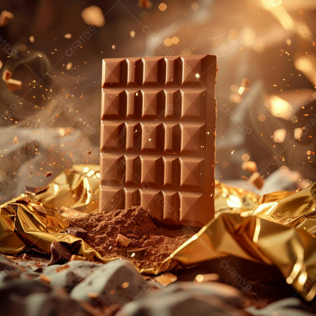 Barra de chocolate ao leite sobre cacau em pó