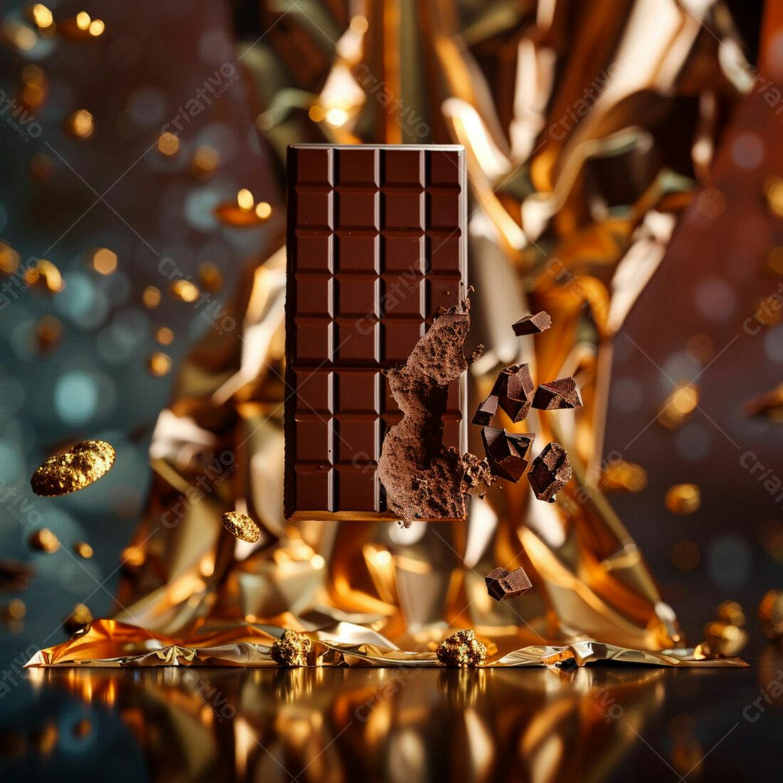 Barra de chocolate quebrada sobre fundo dourado