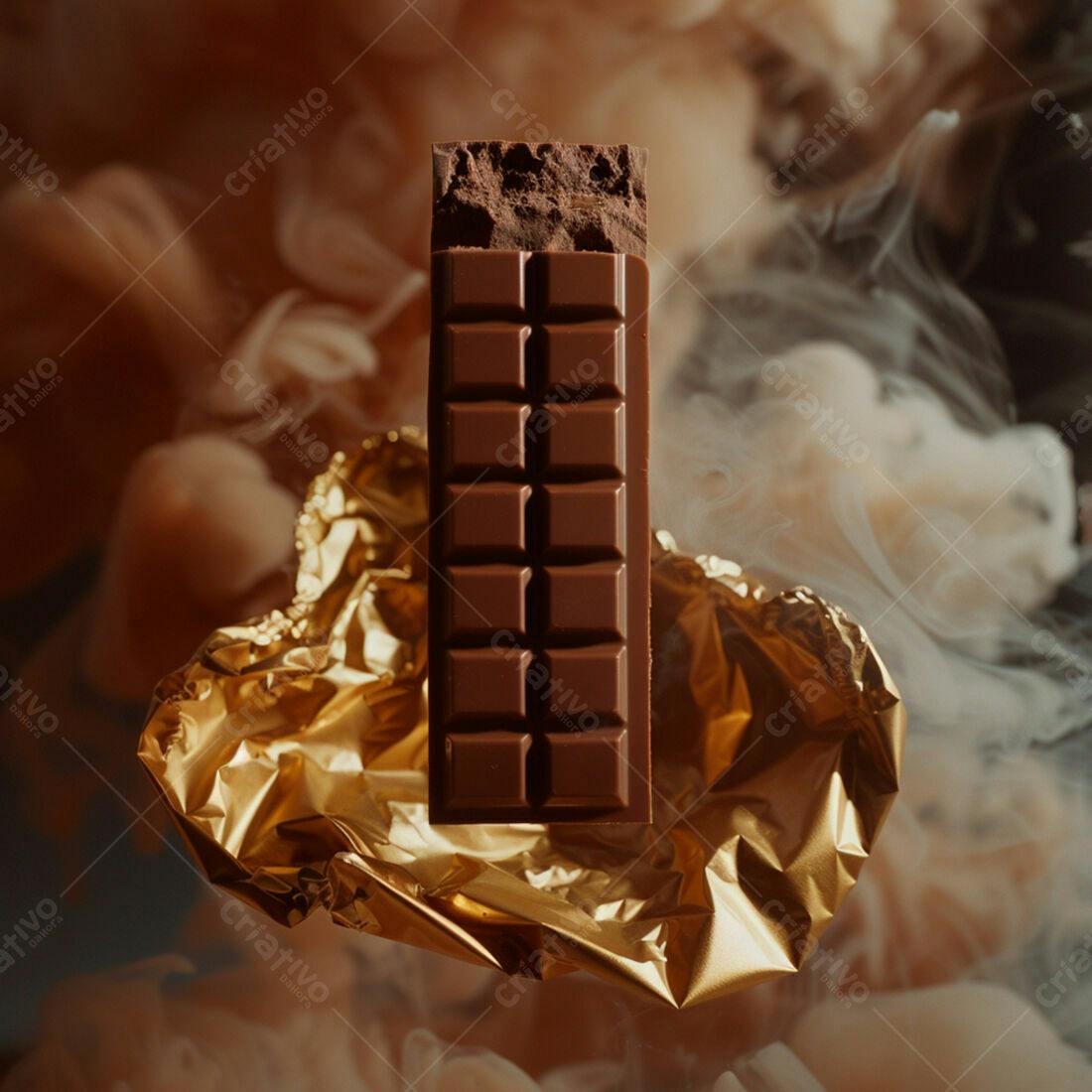 Barra de chocolate sobre papel dourado