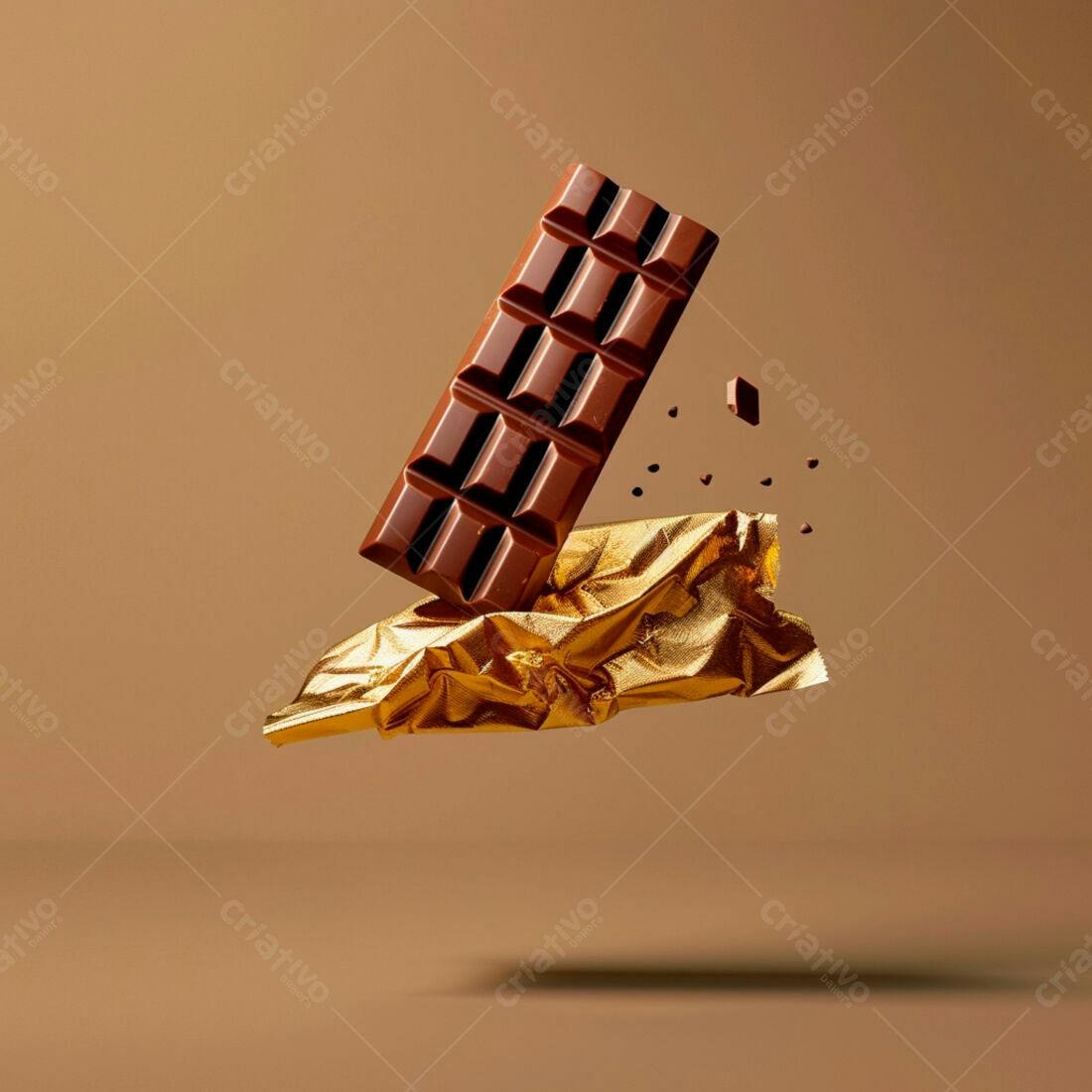 Barra de chocolate sobre papel dourado