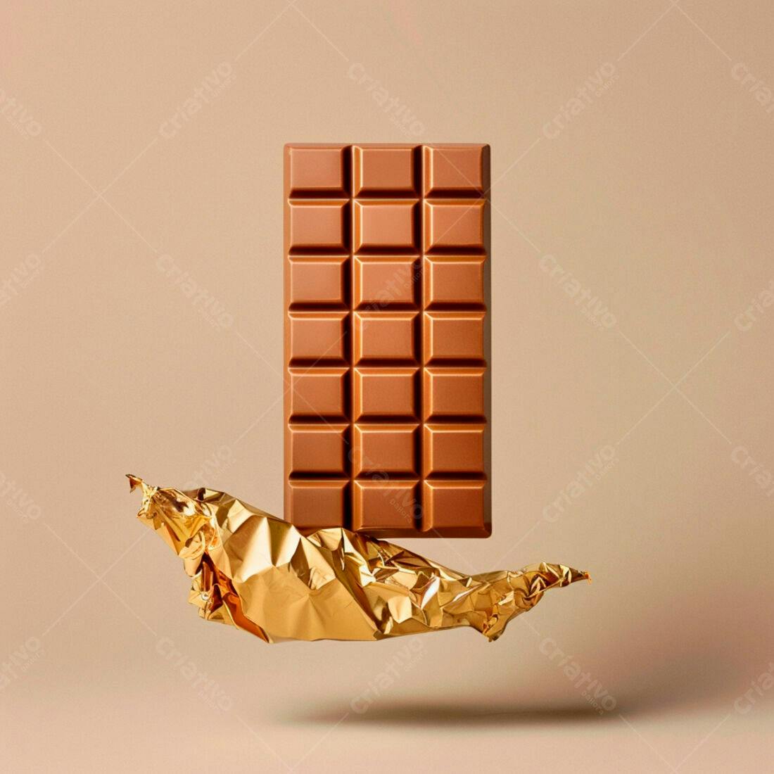 Barra de chocolate sobre papel dourado