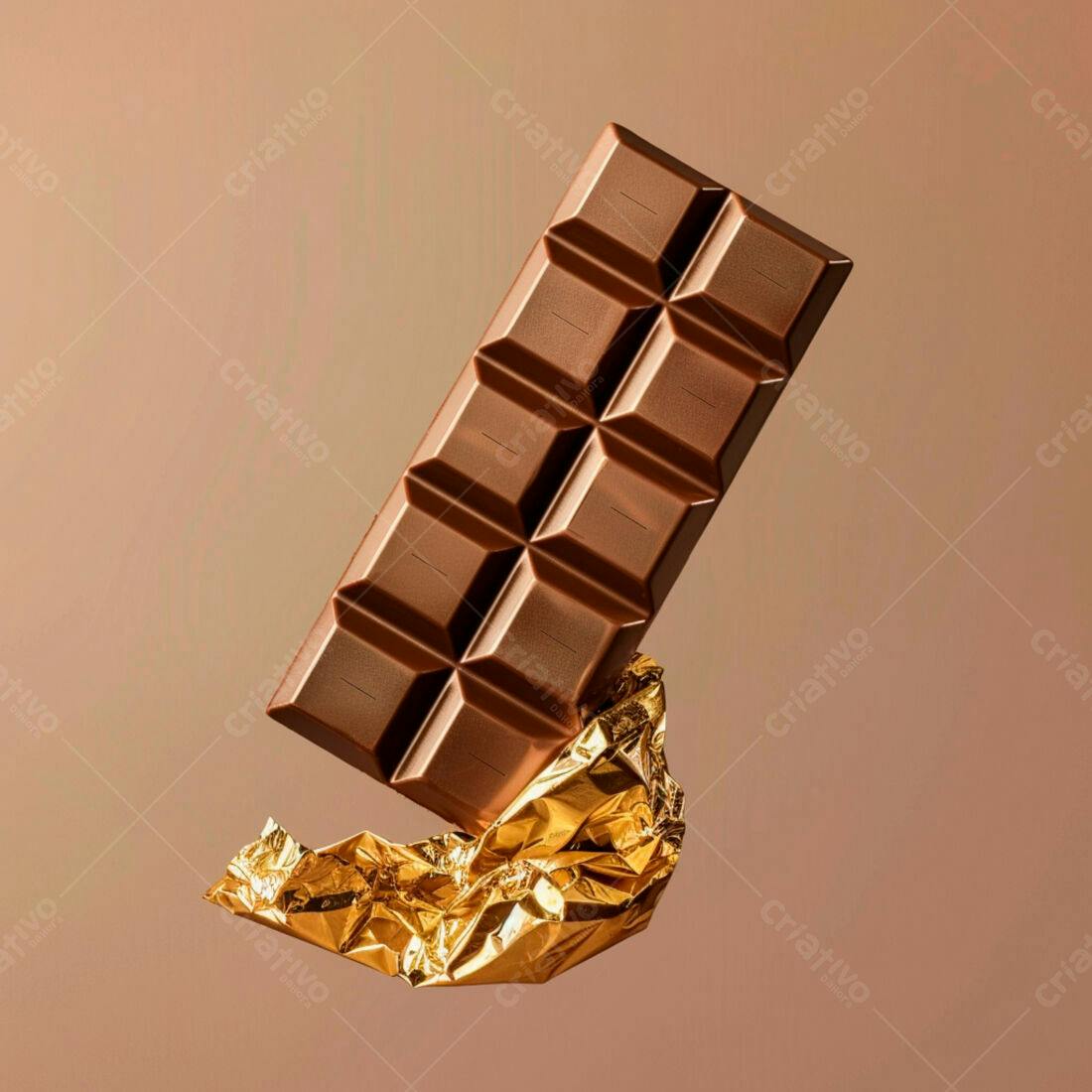 Barra de chocolate marrom sobre papel dourado