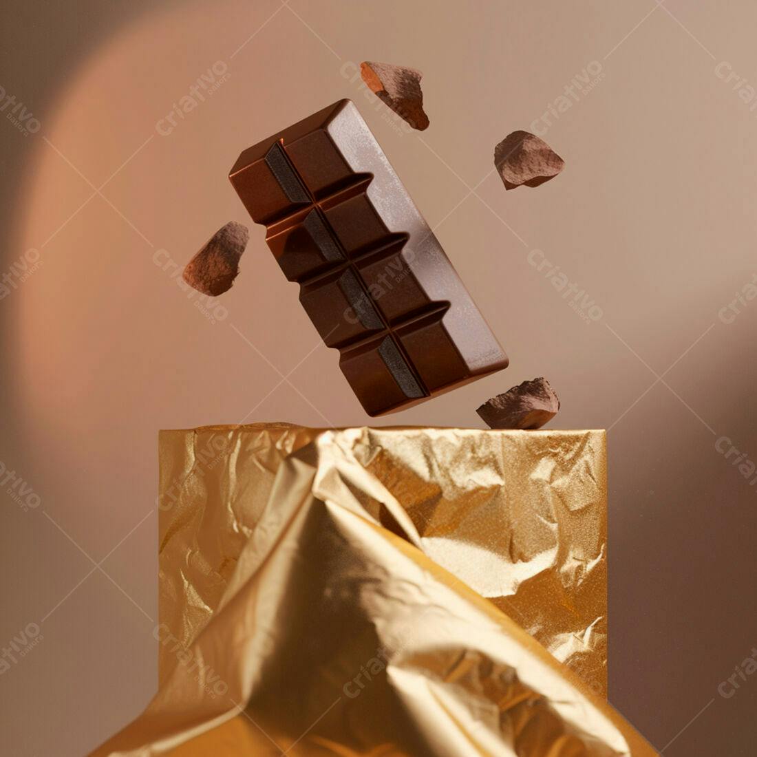 Barra de chocolate caindo sobre papel dourado