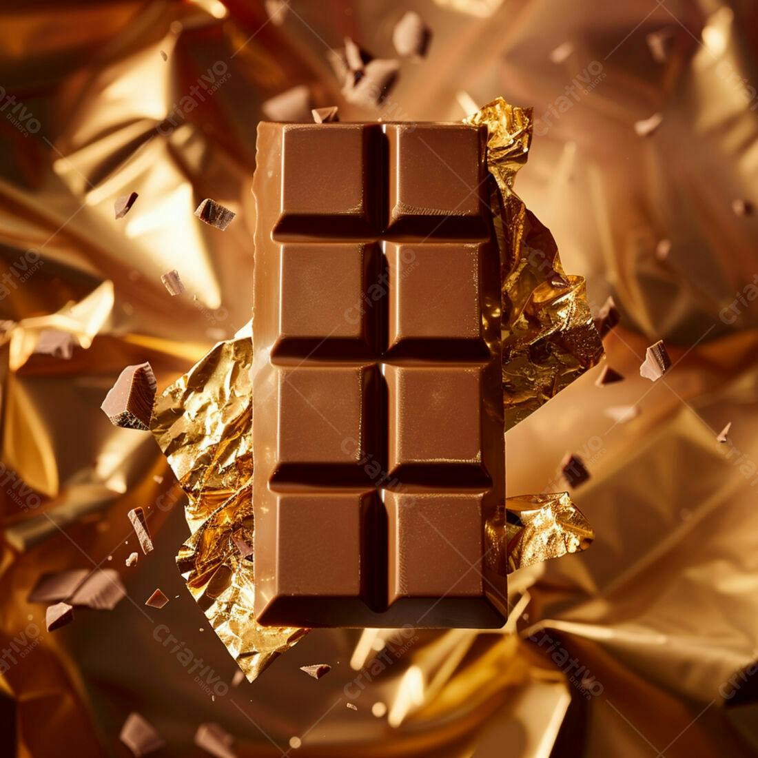 Barra de chocolate ao leite sobre fundo dourado