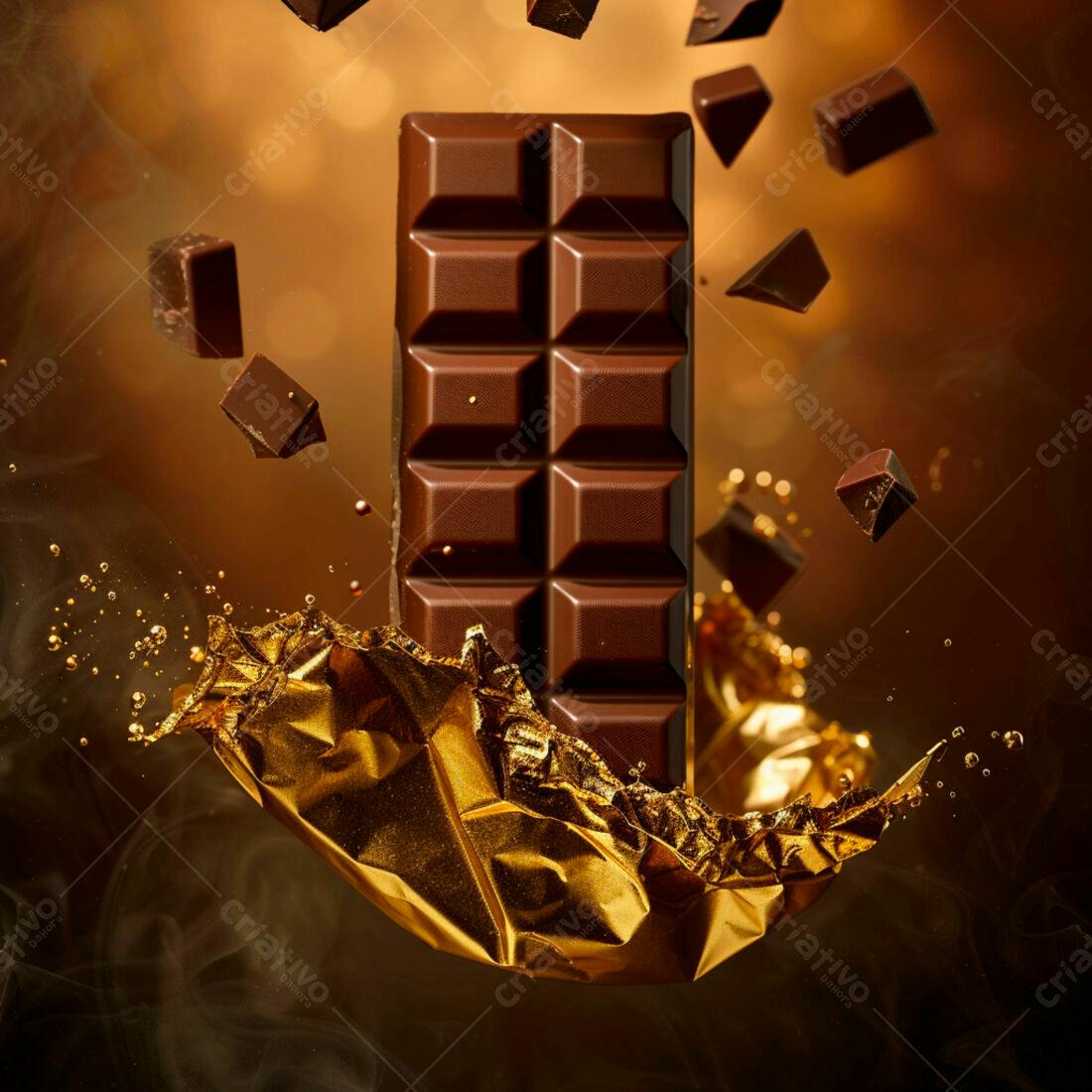 Barra de chocolate em queda com papel dourado