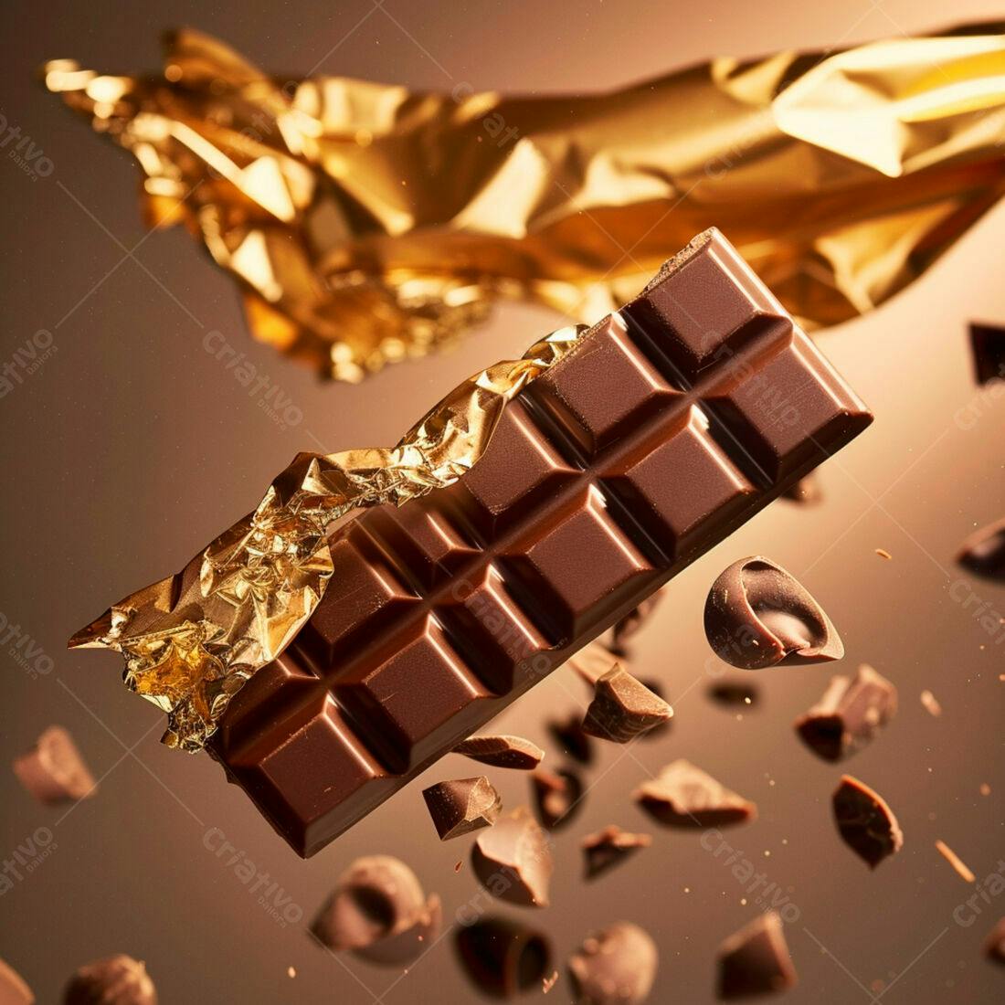 Barra de chocolate escura em queda com pedaços