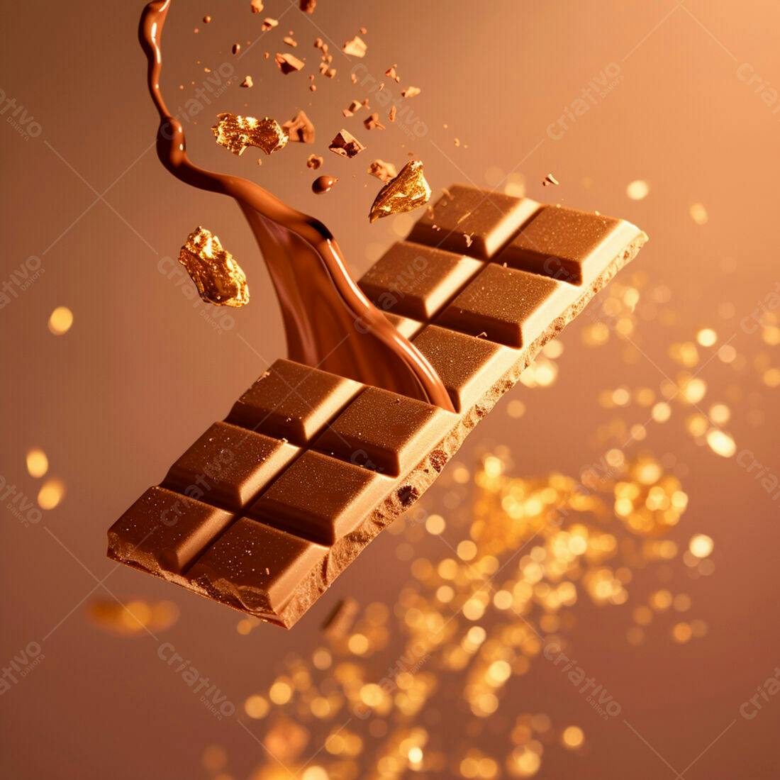 Barra de chocolate com calda e flocos de ouro