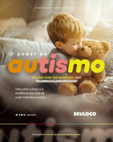 Feed abril azul conscientização do autismo sua voz pode ser silenciosa, mas seu impacto é ensurdecedor psd editável