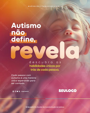 Feed abril azul conscientização do autismo autismo não define, revela psd editável