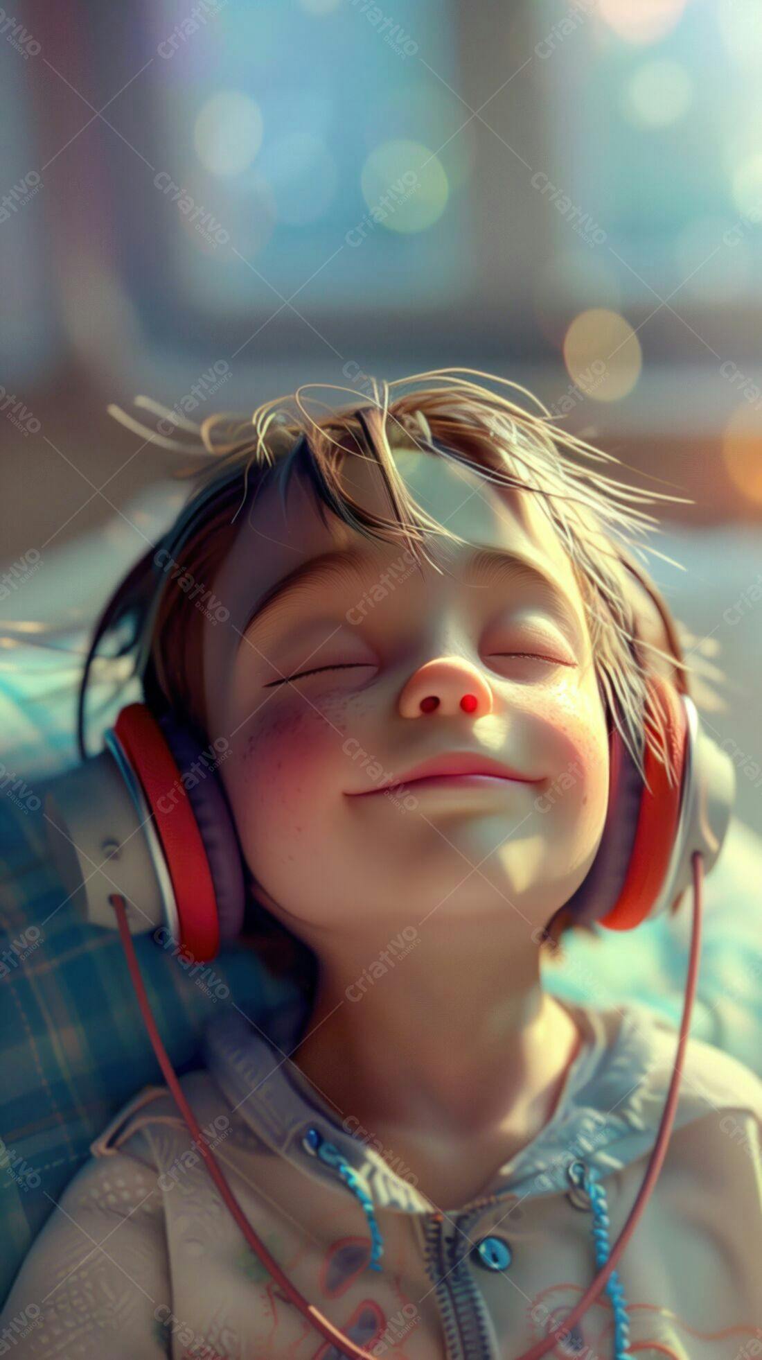Criança feliz ouvindo música com fones vermelhos