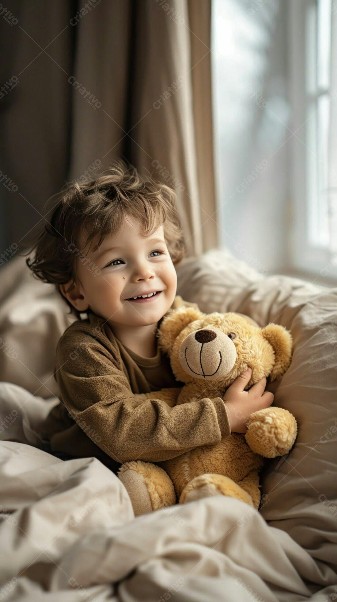 Criança feliz abraçando urso de pelúcia na cama