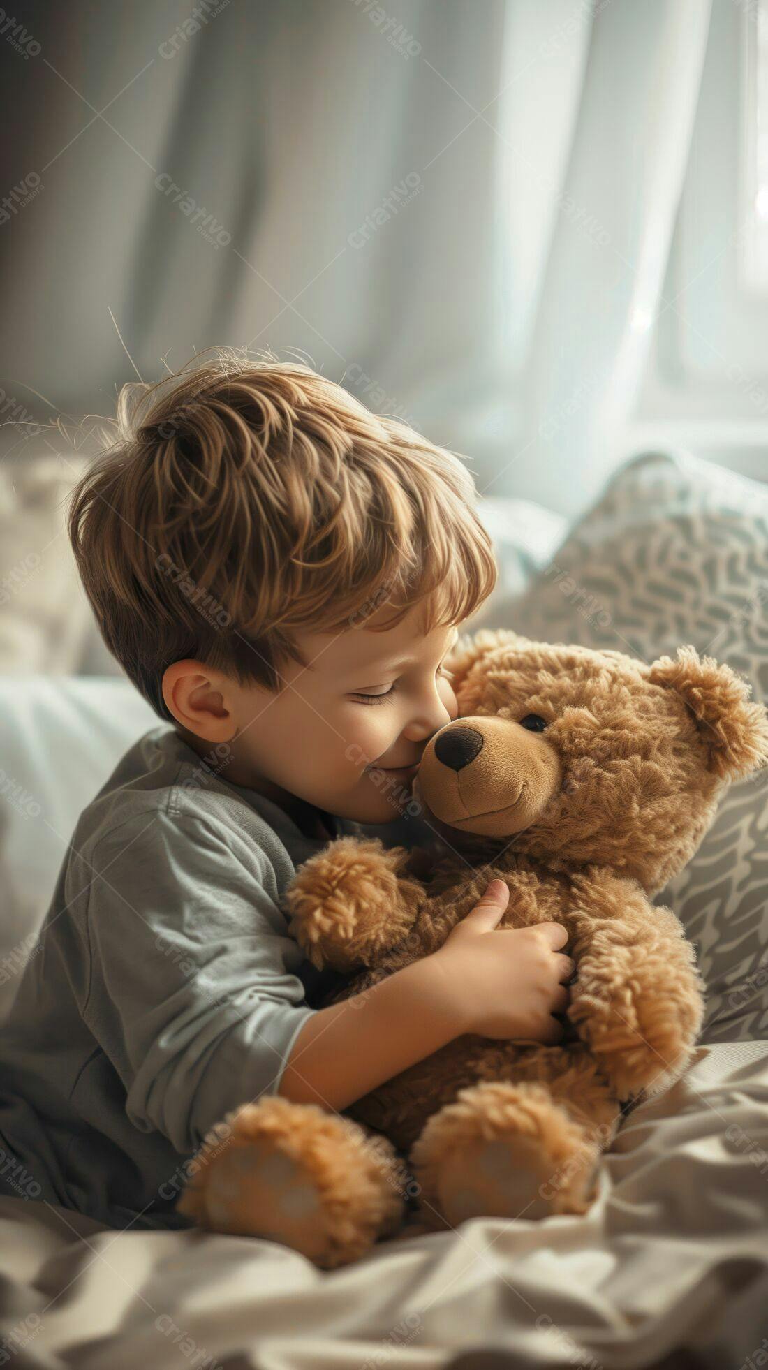 Menino abraçando urso de pelúcia na cama