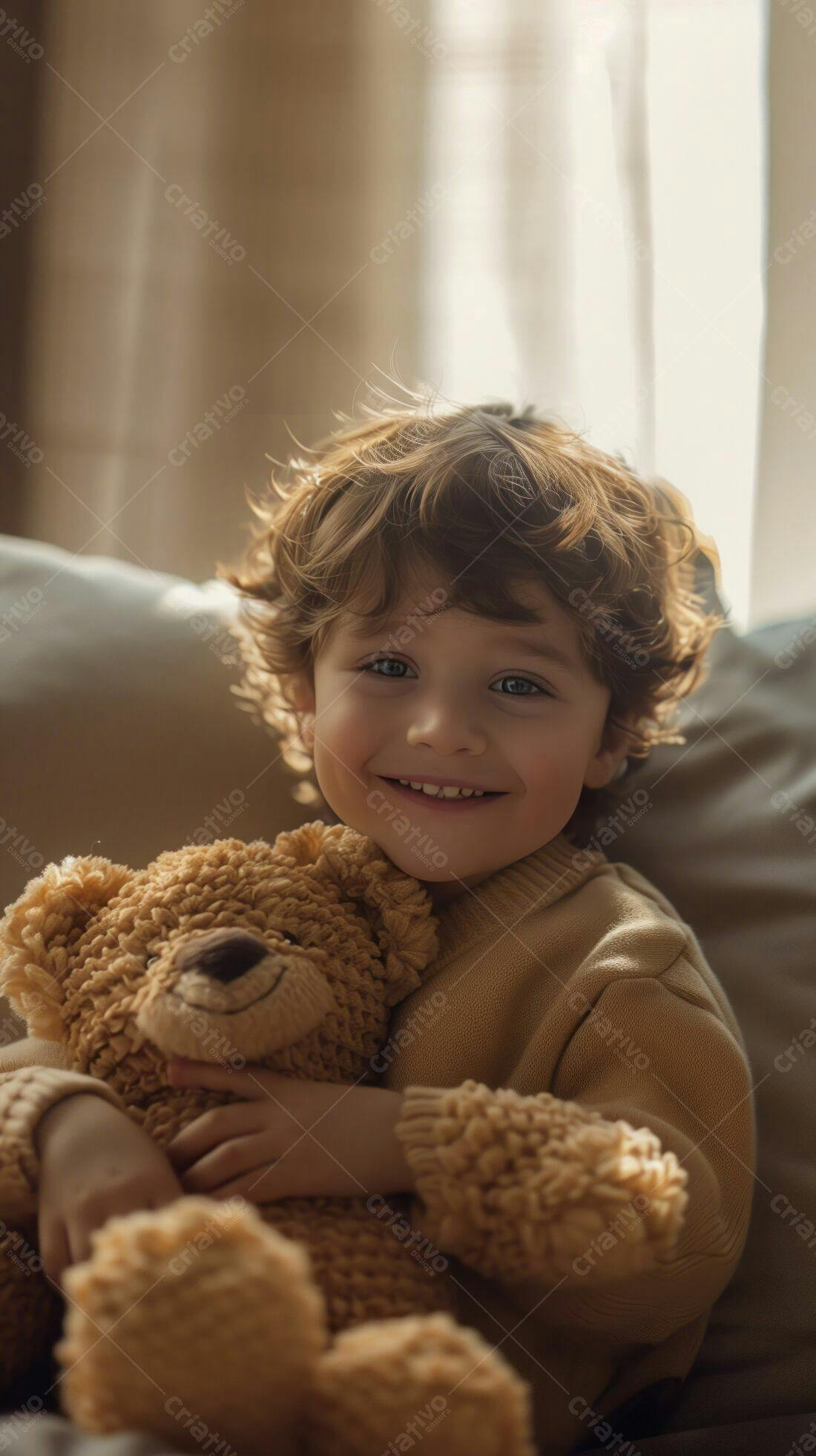 Criança feliz abraçando urso de pelúcia