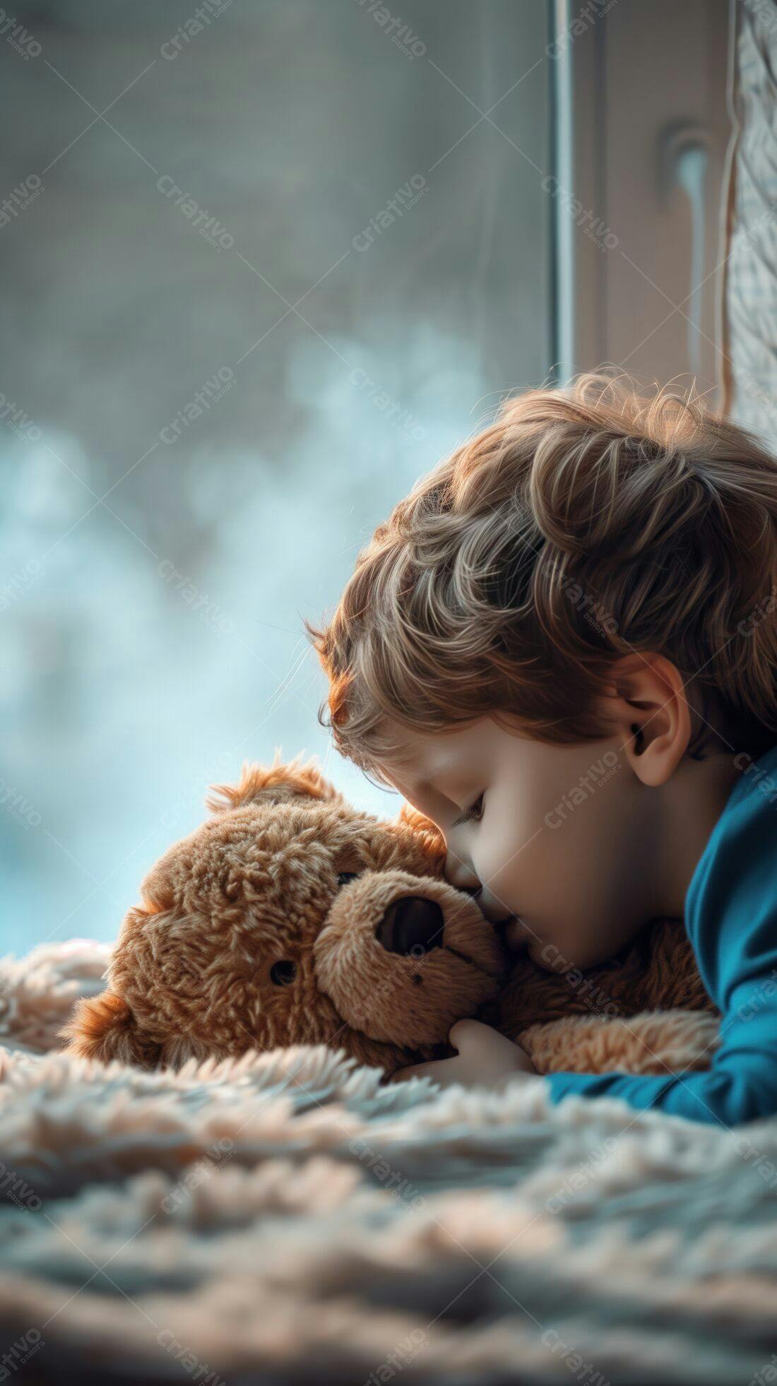 Criança beijando urso de pelúcia perto da janela