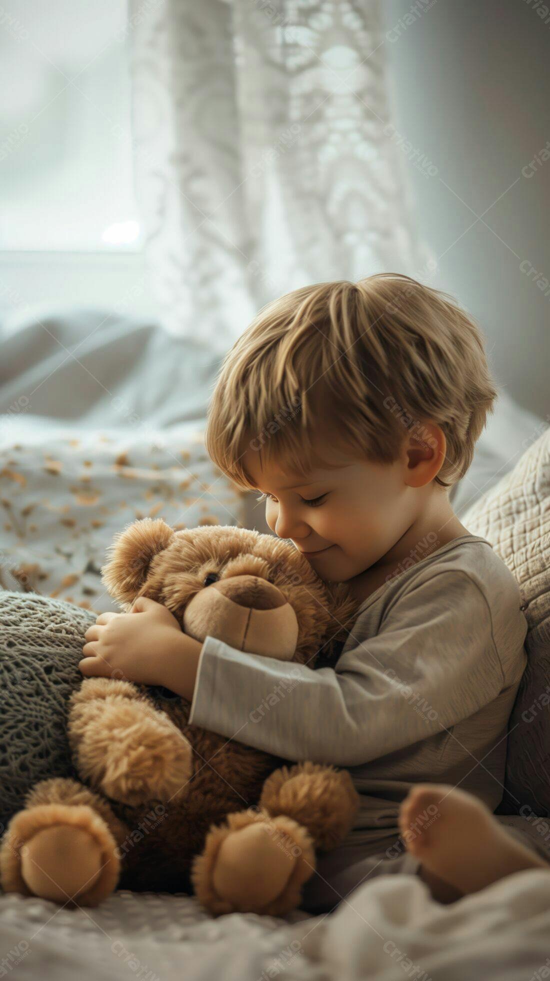 Criança abraçando urso de pelúcia na cama