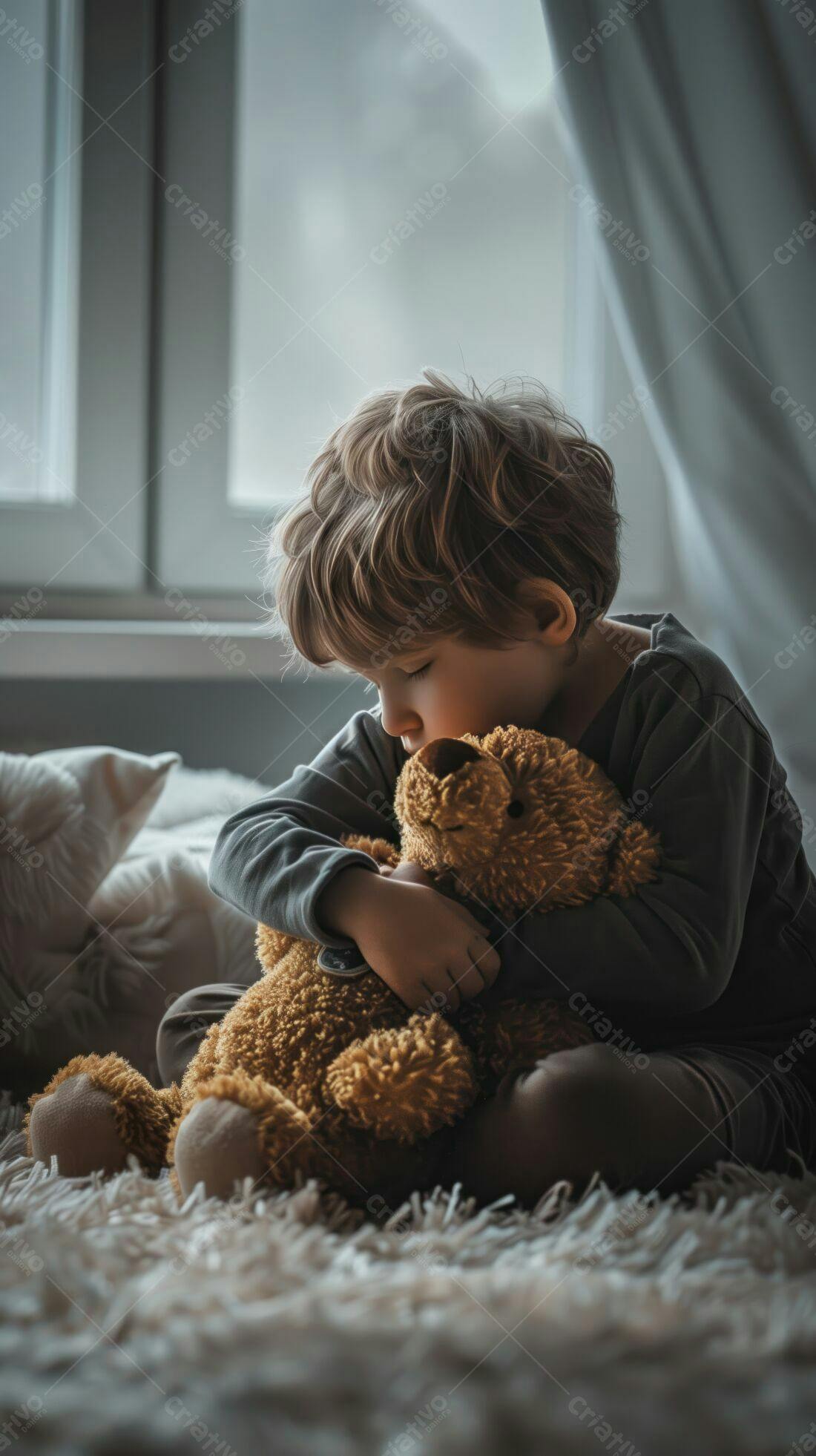 Criança abraçando urso marrom em quarto claro