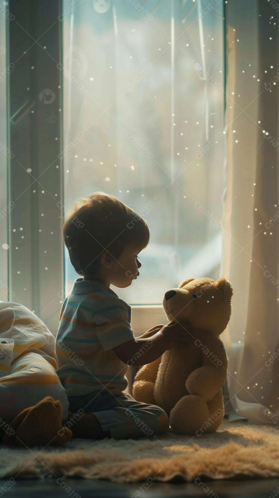 Criança com urso de pelúcia em dia de neve