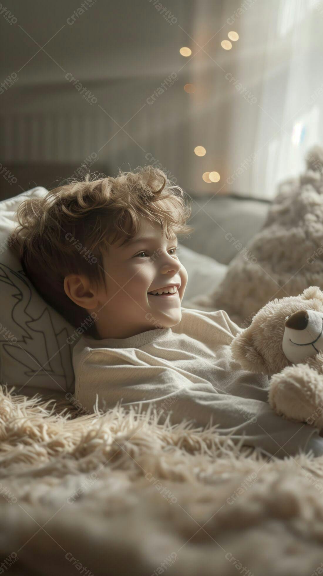 Menino sorrindo na cama com urso de pelúcia