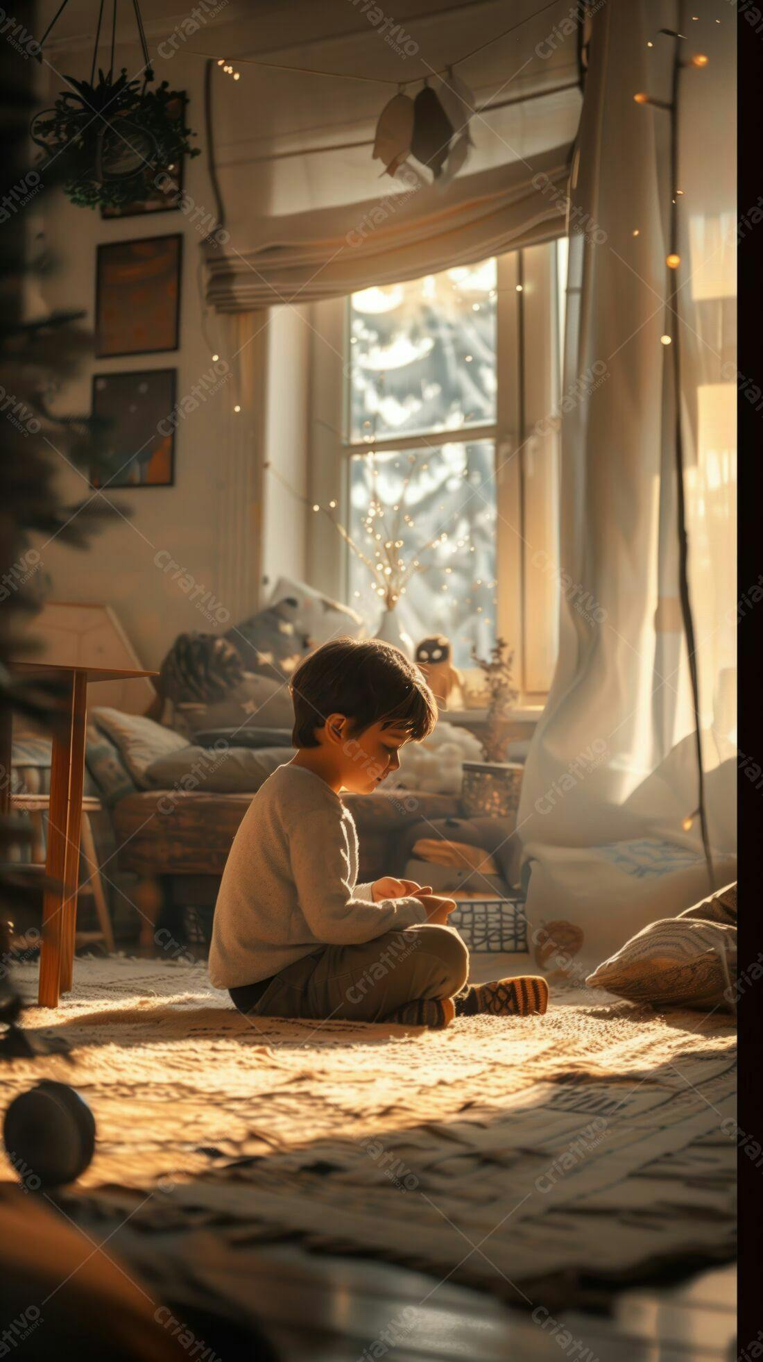 Criança brincando no quarto iluminado pelo sol