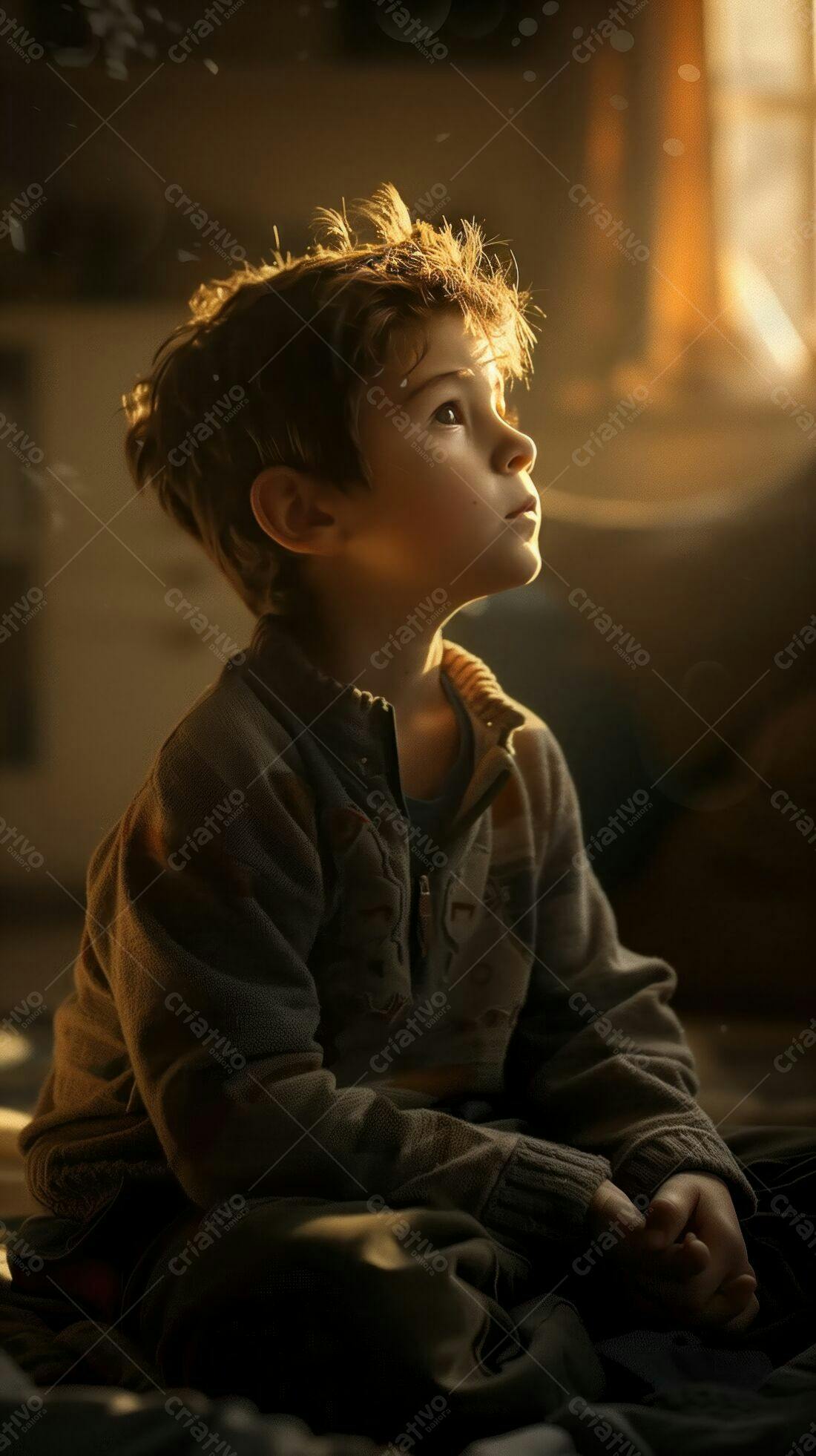Menino contemplativo em luz dourada