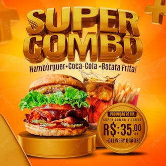 Social media super combo hamburguer coca cola e batata frita hamburgueria psd editavel