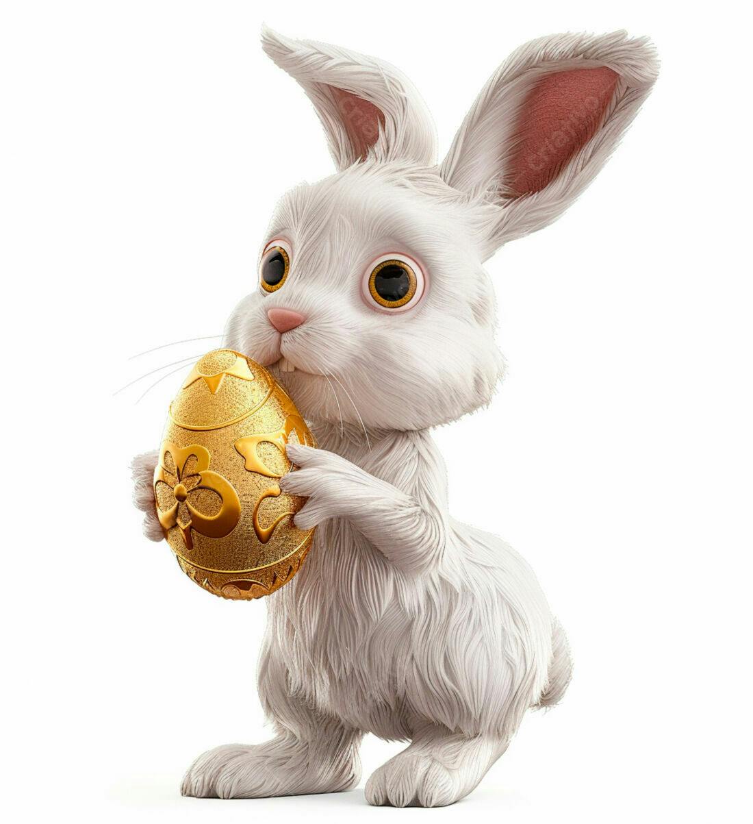 Coelhinho branco com ovo dourado de Páscoa