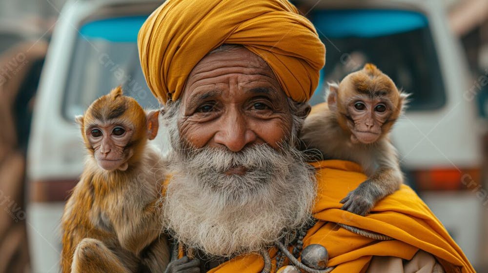 Homem Barbudo Sorridente Com Turbante Amarelo E Macaco Brincalhão (1)