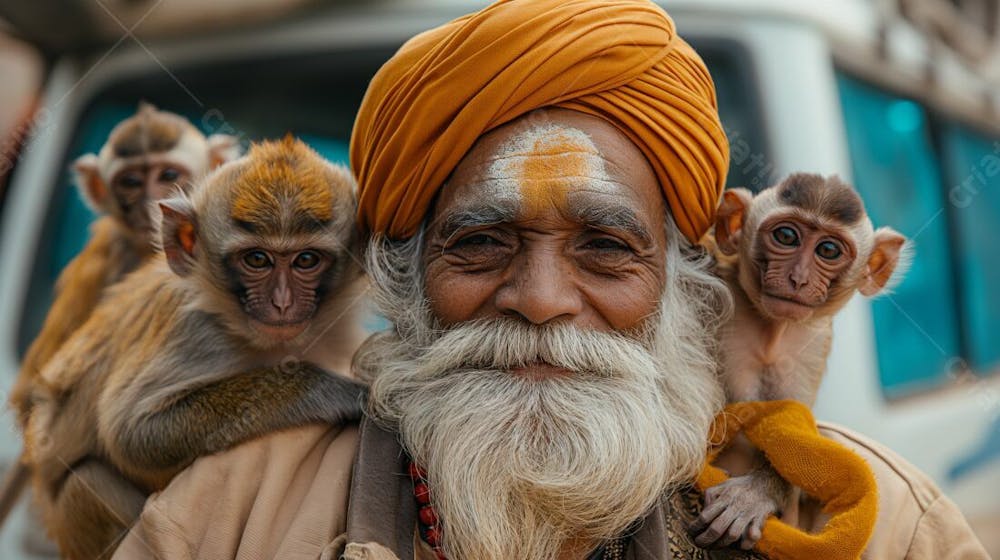 Homem Barbudo Sorridente Com Turbante Amarelo E Macaco Brincalhão (2)