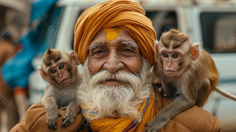 Homem barbudo sorridente com turbante amarelo e macaco brincalhão