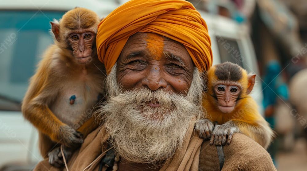 Homem Barbudo Sorridente Com Turbante Amarelo E Macaco Brincalhão (4)