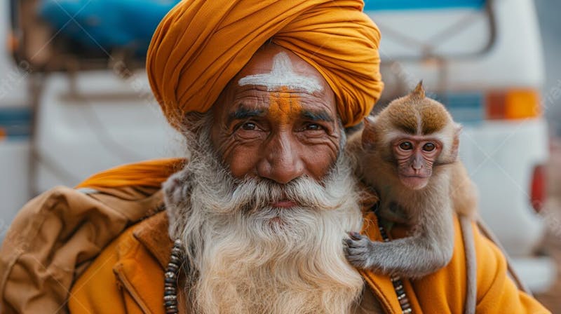 Homem barbudo sorridente com turbante amarelo e macaco brincalhão