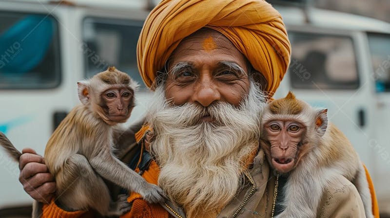 Homem barbudo sorridente com turbante amarelo e macaco brincalhão