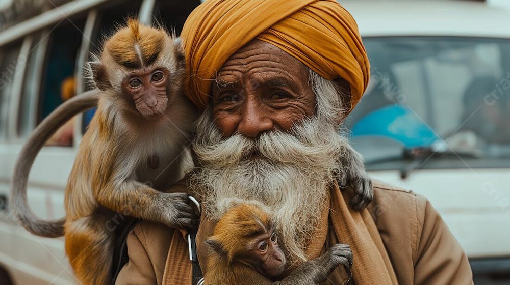 Homem Barbudo Sorridente Com Turbante Amarelo E Macaco Brincalhão (11)