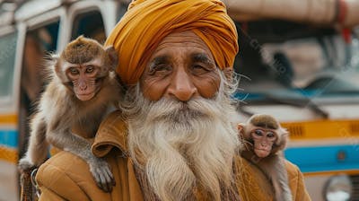 Homem Barbudo Sorridente Com Turbante Amarelo E Macaco Brincalhão (12)