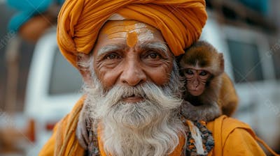Homem Barbudo Sorridente Com Turbante Amarelo E Macaco Brincalhão (13)