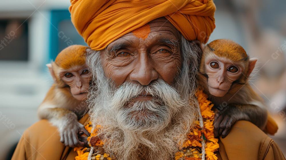 Homem Barbudo Sorridente Com Turbante Amarelo E Macaco Brincalhão (14)
