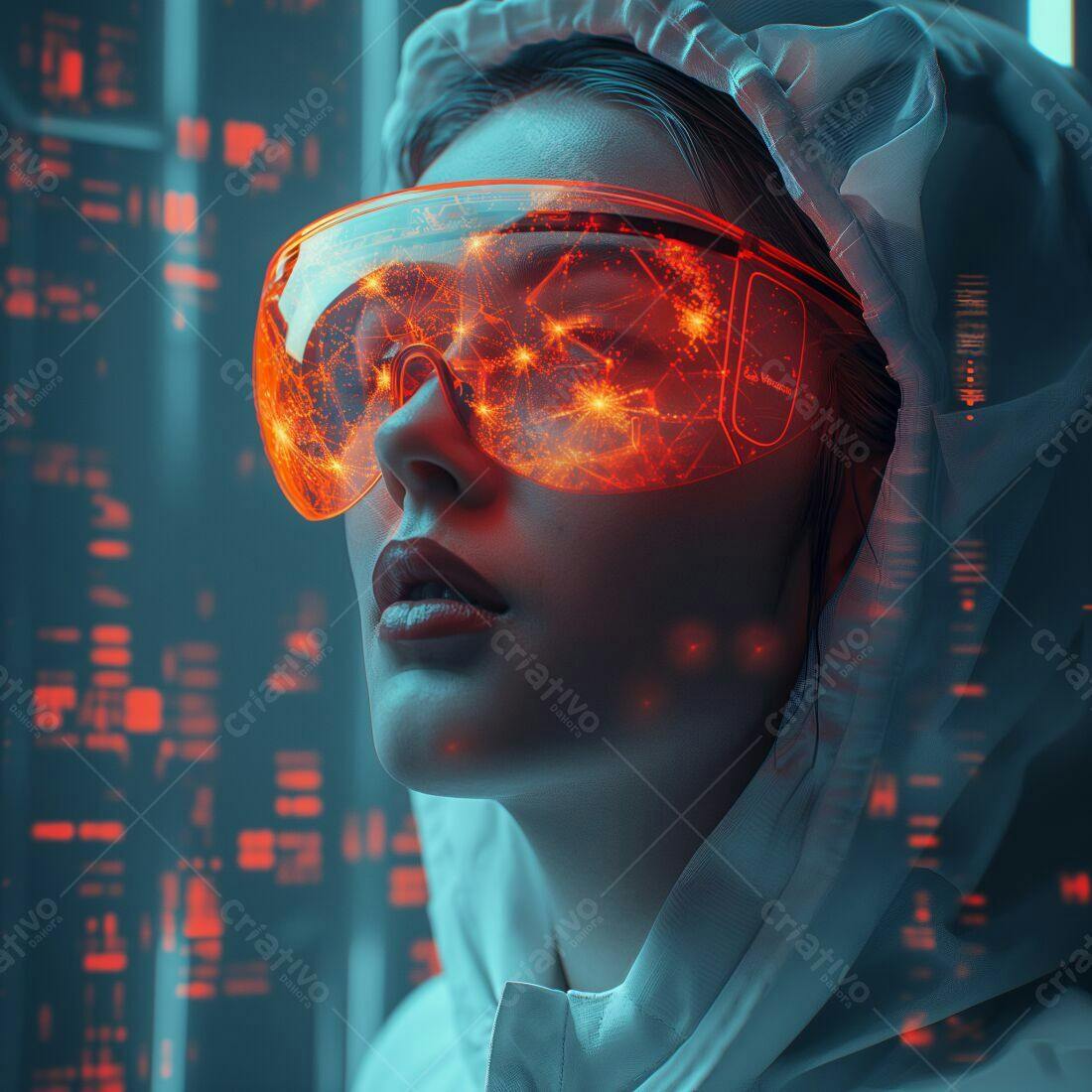 Mulher com óculos futuristas em ambiente tecnológico