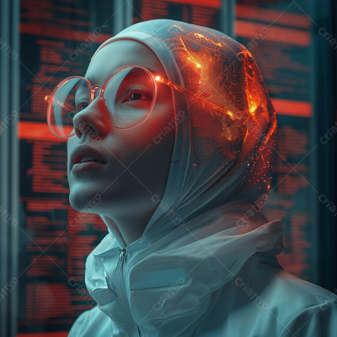 Mulher cientista com óculos em laboratório futurista