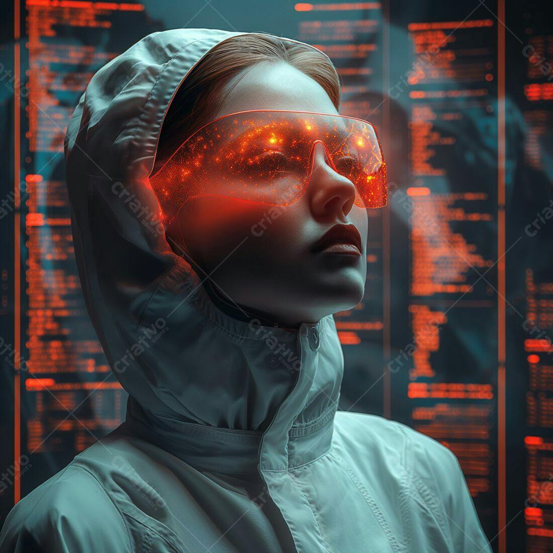 Mulher com óculos futuristas e código binário