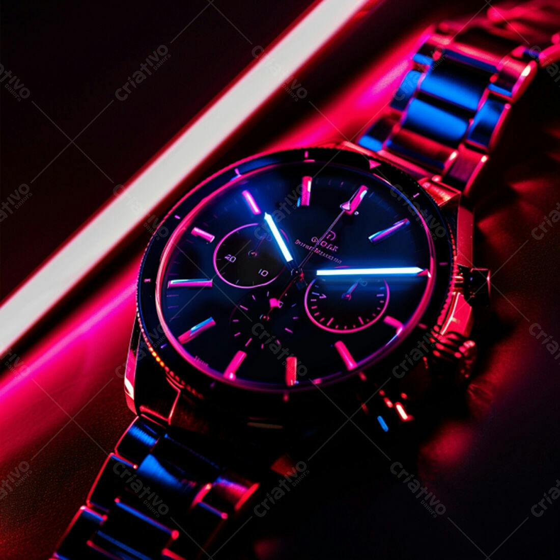 Relógio Cronógrafo Preto e Metálico em Luz Neon