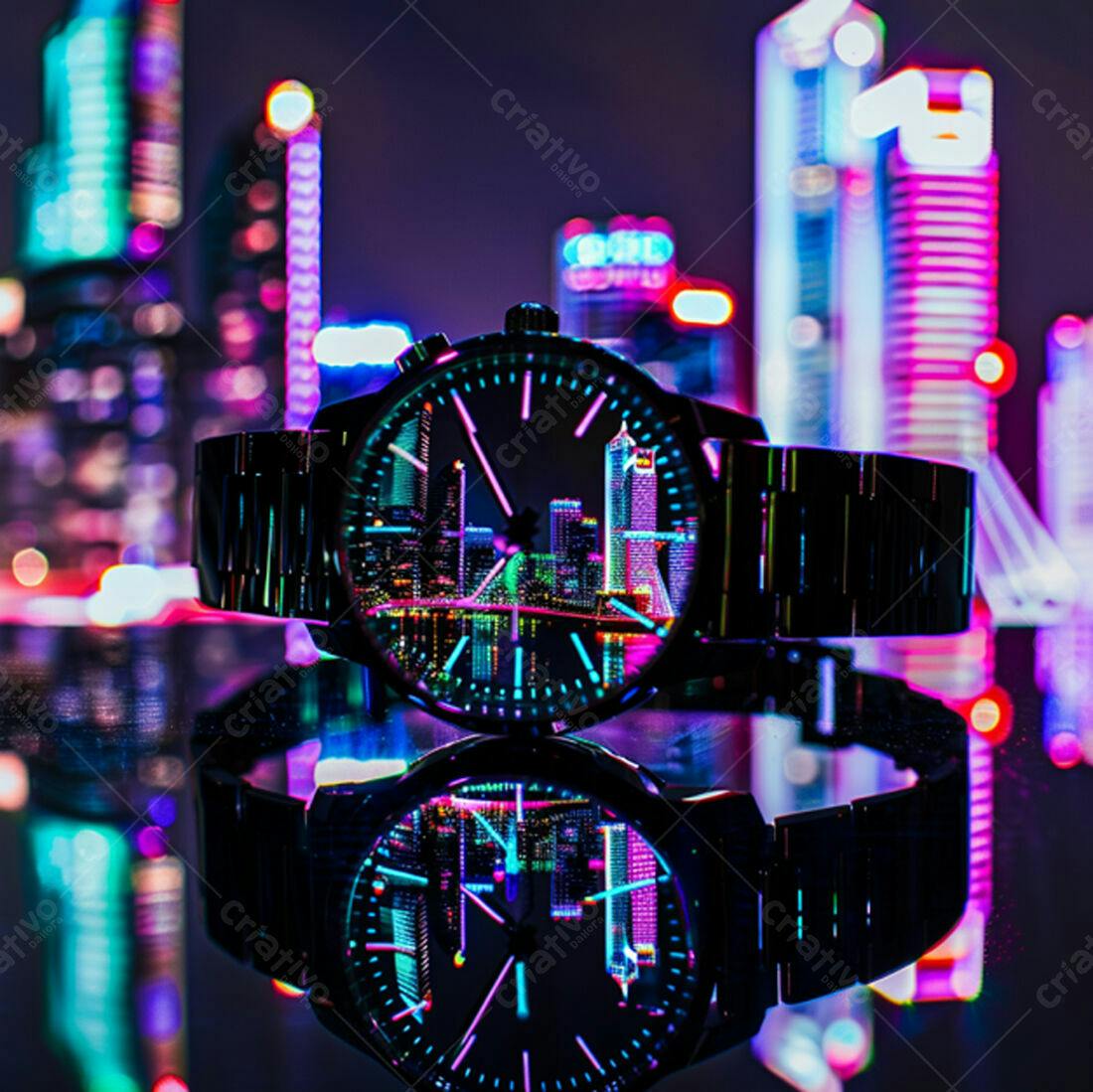 Relógio com reflexo de cidade noturna