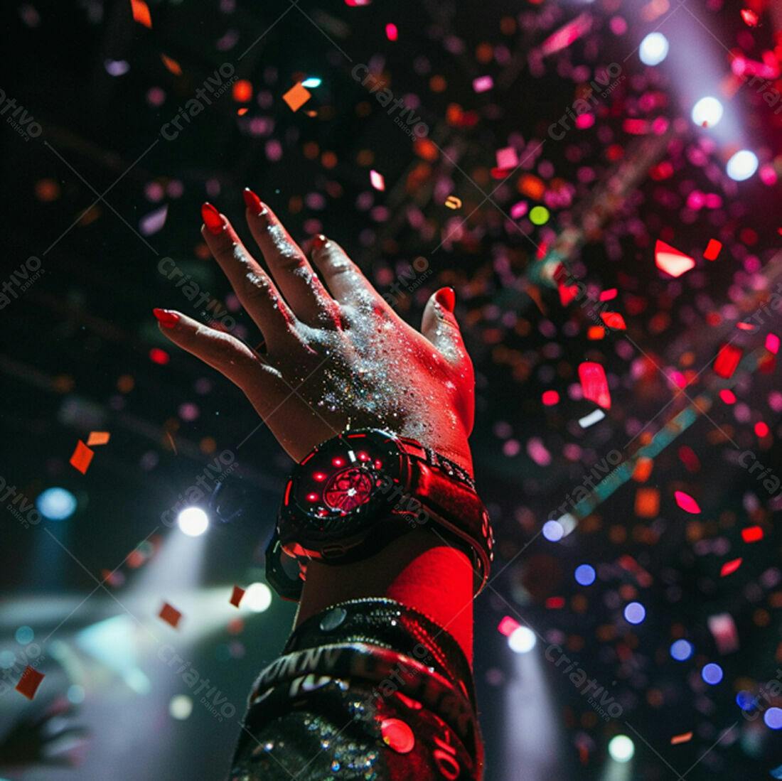 Mão com relógio em show com confetes vermelhos