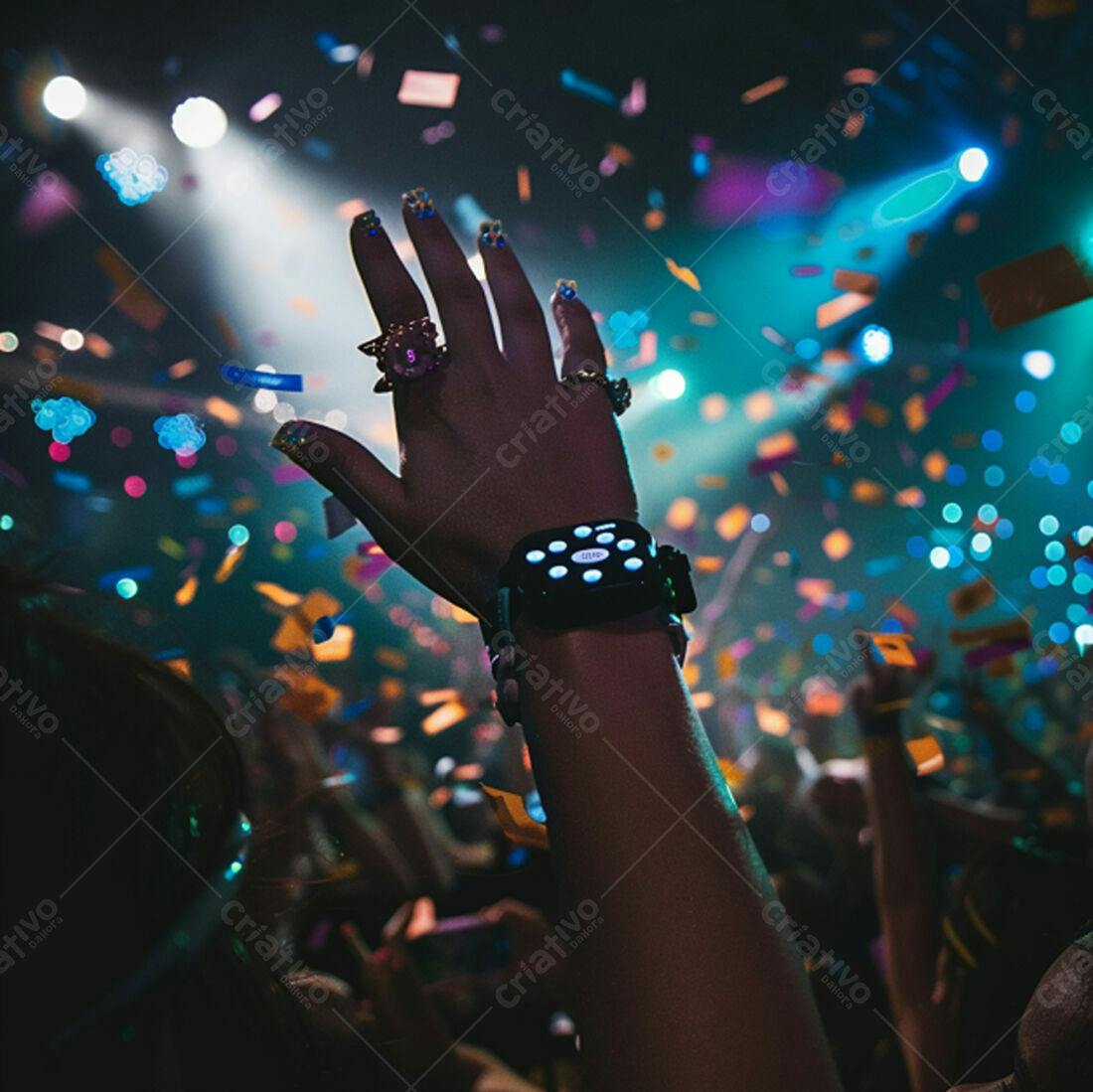 Mão levantada em show com confetes