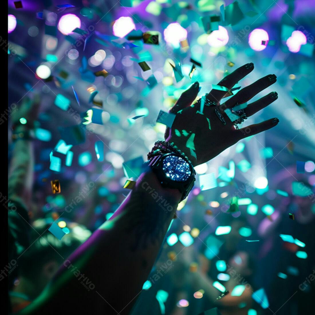 Mão em festa com confetes azuis e dourados