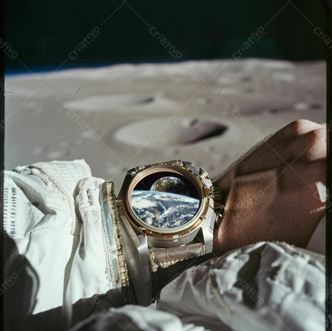 Astronauta na Lua com relógio mostrando a Terra
