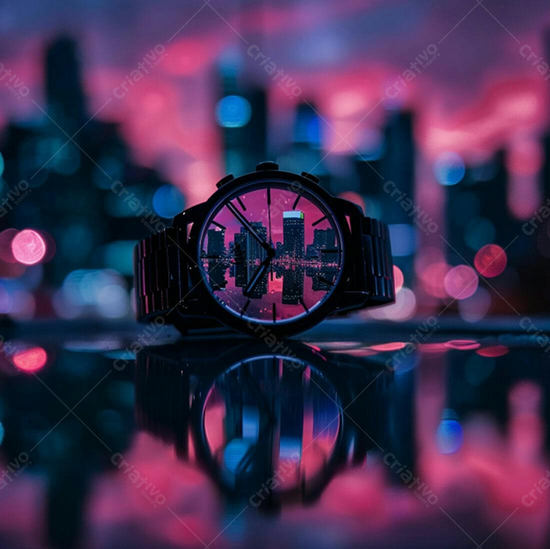 Relógio com skyline noturno refletido