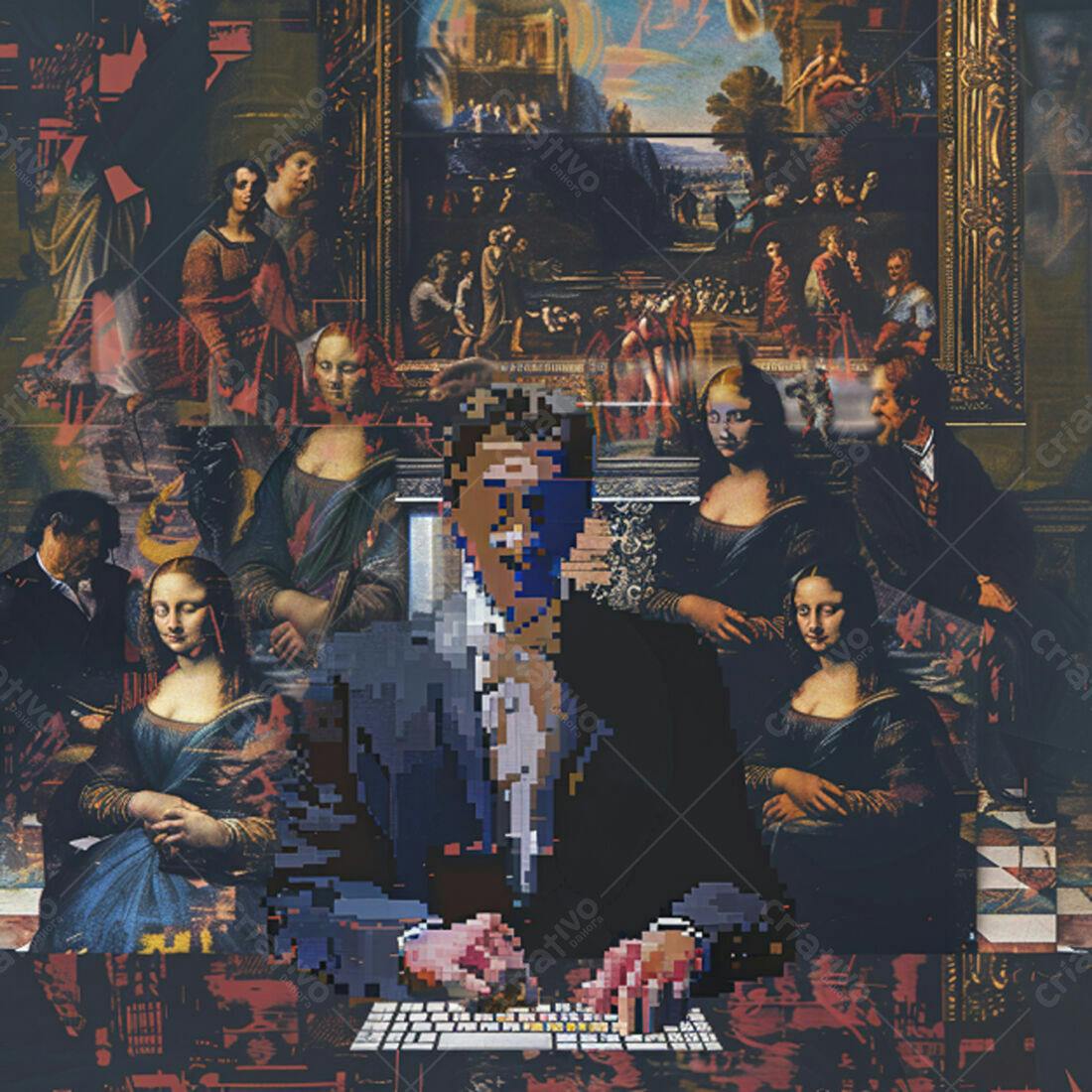 Homem pixelado digitando em teclado com fundo de pinturas renascentistas